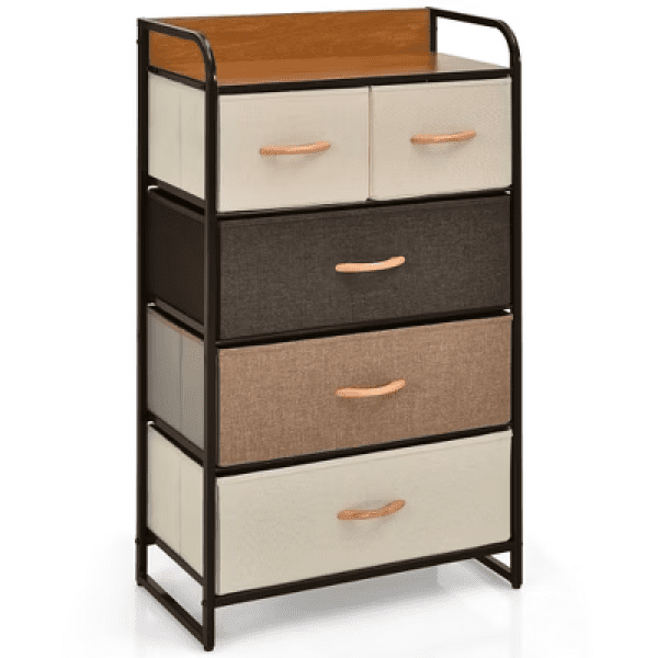 Cómoda de 5 cajones en color crema con cubierta de madera, 39 x 23 x 11,5 pulgadas